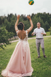 Sheer Round Neck Pink Wedding Dresses Backless Bridal Gown With Lace Appliques HZ0509