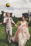 Sheer Round Neck Pink Wedding Dresses Backless Bridal Gown With Lace Appliques HZ0509