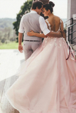 Sheer Round Neck Pink Wedding Dresses Backless Bridal Gown With Lace Appliques HZ0509