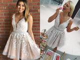 Princess V Neck Short A Line Lace Homecoming Dress, Graduation Dresses HZ0509