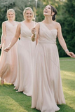 One Shoulder Chiffon Long Cheap Champagne Bridesmaid Dresses Online HZ0509