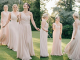 One Shoulder Chiffon Long Cheap Champagne Bridesmaid Dresses Online HZ0509
