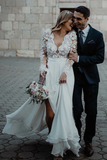 Floor Length Long Sleeves Sheer Neck Split Appliques Chiffon Beach Wedding Dress HZ0509