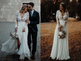 Floor Length Long Sleeves Sheer Neck Split Appliques Chiffon Beach Wedding Dress HZ0509