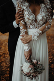 Floor Length Long Sleeves Sheer Neck Split Appliques Chiffon Beach Wedding Dress HZ0509