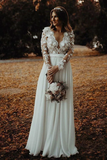 Floor Length Long Sleeves Sheer Neck Split Appliques Chiffon Beach Wedding Dress HZ0509