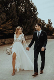 Floor Length Long Sleeves Sheer Neck Split Appliques Chiffon Beach Wedding Dress HZ0509