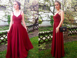 Simple Burgundy Straps Long Chiffon Prom Dress, Beautiful Party Dress HZ0509