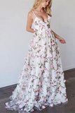 A line Spaghetti Strap Floor Length Tulle 3D Appliqued Prom Dresses HZ0509