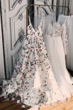 A line Spaghetti Strap Floor Length Tulle 3D Appliqued Prom Dresses HZ0509
