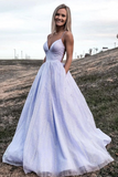 V Neck Lilac Long A Line Prom Dress with Pocket, Shiny Formal Dress, Sparkly Evening Dress HZ0509