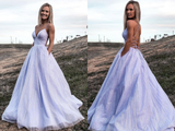 V Neck Lilac Long A Line Prom Dress with Pocket, Shiny Formal Dress, Sparkly Evening Dress HZ0509