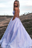 V Neck Lilac Long A Line Prom Dress with Pocket, Shiny Formal Dress, Sparkly Evening Dress HZ0509