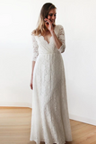 Classy Simple Half Sleeves V Neck Floor Length Beach Wedding Dresses HZ0509