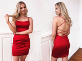 Mermaid Backless Red Satin Short Homecoming Prom Dress, Mermaid Red Formal Graduation Evening Dress HZ0509