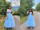 Sky Blue Straps Tulle A Line Prom Dress Sweetheart Homecoming Dresses HZ0509