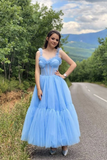 Sky Blue Straps Tulle A Line Prom Dress Sweetheart Homecoming Dresses HZ0509