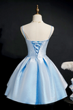 Simple Light Blue Lace Up Back Spaghetti Straps Short Homecoming Dresses HZ0509