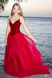Burgundy A Line Tulle Strapless Prom Dress Long Formal Ball Dress, Evening Dress HZ0509