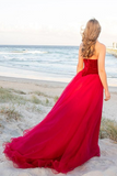 Burgundy A Line Tulle Strapless Prom Dress Long Formal Ball Dress, Evening Dress HZ0509