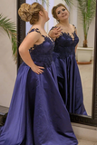 Delicate Scoop Satin Sweep Train Prom Dresses With Appliques HZ0509