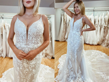 Amazing Spaghetti Straps Appliques Lace Wedding Dresses Mermaid Chapel Train Bridal Gowns HZ0509