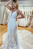 Amazing Spaghetti Straps Appliques Lace Wedding Dresses Mermaid Chapel Train Bridal Gowns HZ0509