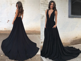 Black Deep V neck Long A line Open Back Simple Style Cheap Prom Dresses HZ0509