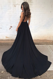 Black Deep V neck Long A line Open Back Simple Style Cheap Prom Dresses HZ0509