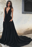 Black Deep V neck Long A line Open Back Simple Style Cheap Prom Dresses HZ0509