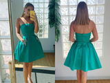 Strapless Open Back Green Short Prom Dresses with Pocket, Open Back Green Homecoming Dresses, Short Green Formal Evening Dresses HZ0509