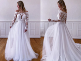 Elegant Long Sleeves White Lace Wedding Dress, White Lace Long Prom Dress, White Formal Evening Dress HZ0509
