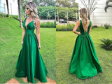 Elegant A Line Sexy V Neck Long Satin Backless Prom Dresses Evening Dress HZ0509