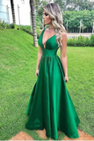 Elegant A Line Sexy V Neck Long Satin Backless Prom Dresses Evening Dress HZ0509