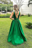 Elegant A Line Sexy V Neck Long Satin Backless Prom Dresses Evening Dress HZ0509