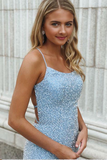Sexy Spaghetti Straps Sheath Beaded Blue Scoop Criss Cross Homecoming Dresses HZ0509