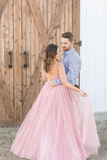 Long Prom Dress With Beaded Bodice And Plunging Illusion V Neck Formal Dress HZ0509