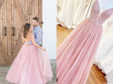 Long Prom Dress With Beaded Bodice And Plunging Illusion V Neck Formal Dress HZ0509