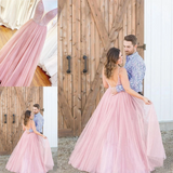 Long Prom Dress With Beaded Bodice And Plunging Illusion V Neck Formal Dress HZ0509