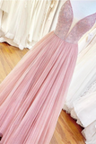 Long Prom Dress With Beaded Bodice And Plunging Illusion V Neck Formal Dress HZ0509