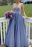 A Line Spaghetti Straps Blue Lace Top Prom Dresses, Long Formal Evening Dresses HZ0509
