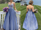 A Line Spaghetti Straps Blue Lace Top Prom Dresses, Long Formal Evening Dresses HZ0509