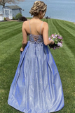 A Line Spaghetti Straps Blue Lace Top Prom Dresses, Long Formal Evening Dresses HZ0509