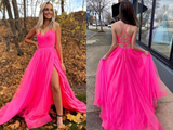 A Line V Neck Hot Pink Prom Dresses With Slit, Long Formal Evening Dresses HZ0509