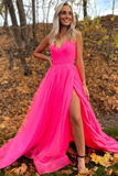 A Line V Neck Hot Pink Prom Dresses With Slit, Long Formal Evening Dresses HZ0509