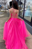 A Line V Neck Hot Pink Prom Dresses With Slit, Long Formal Evening Dresses HZ0509