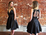 A Line Black Short Satin Homecoming Dress Online, Short Prom Dress HZ0509