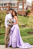 Graceful Satin Sweetheart Neckline High Low Length A line Prom Dresses With Appliqued HZ0509