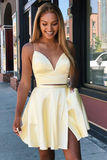Two Pieces A Line V Neck Backless Yellow Short Prom Dresses Homecoming Dresses with Slit HZ0509