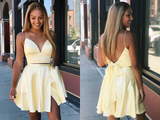 Two Pieces A Line V Neck Backless Yellow Short Prom Dresses Homecoming Dresses with Slit HZ0509